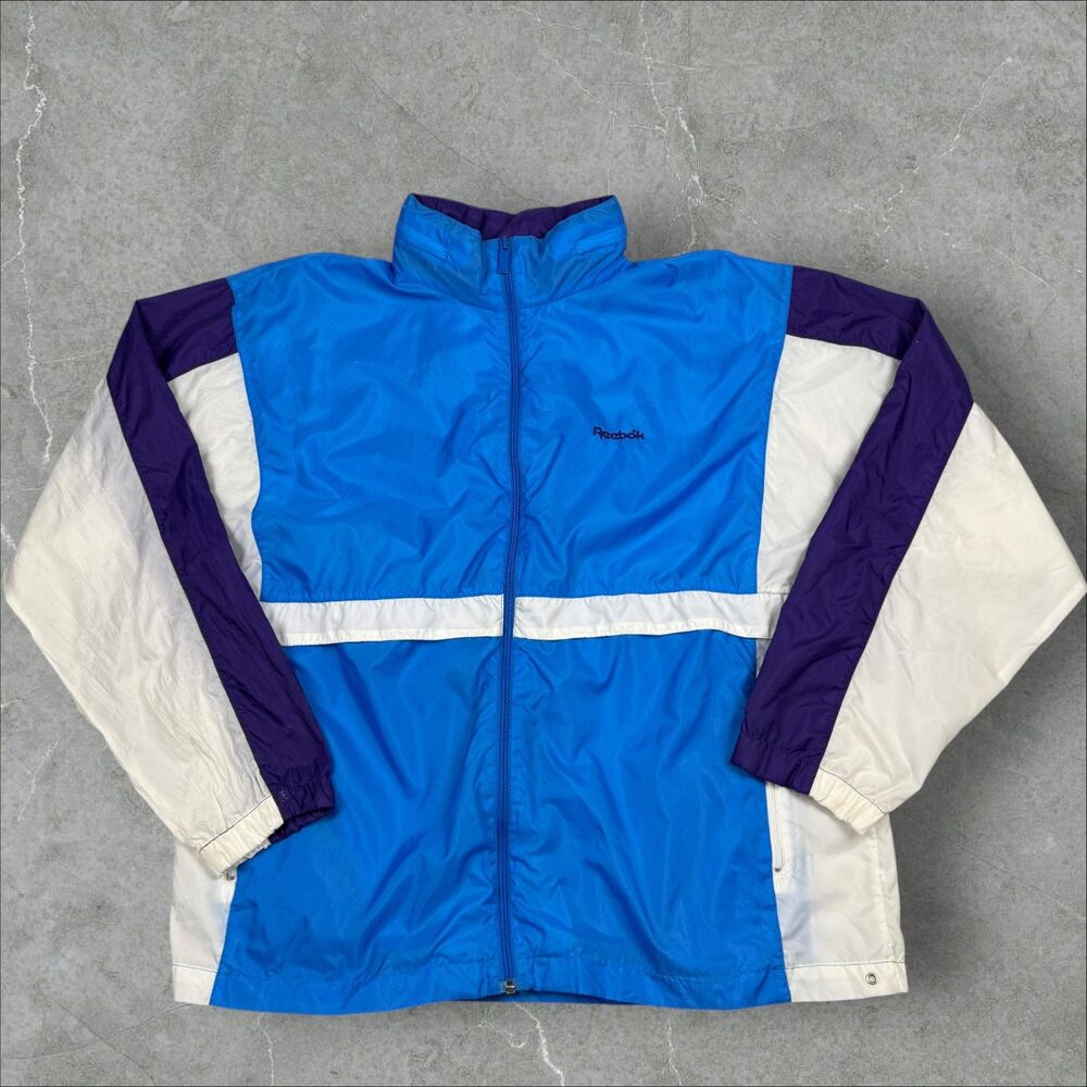 Vintage 80's Reebok Sport Blue, Purple and White Color Block Windbreaker - Large
